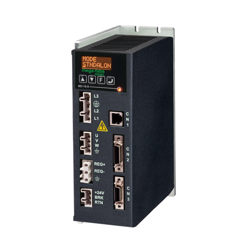 A black industrial electronic device with ports and a small display screen labeled MODE STNDALON mega-fabs. The device has various labeled connectors and indicator lights on the front panel.