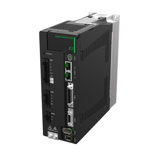 A black industrial servo drive controller with multiple ports, indicator lights, and labeled connectors on the front panel, mounted on a silver metal heatsink, photographed against a plain white background.