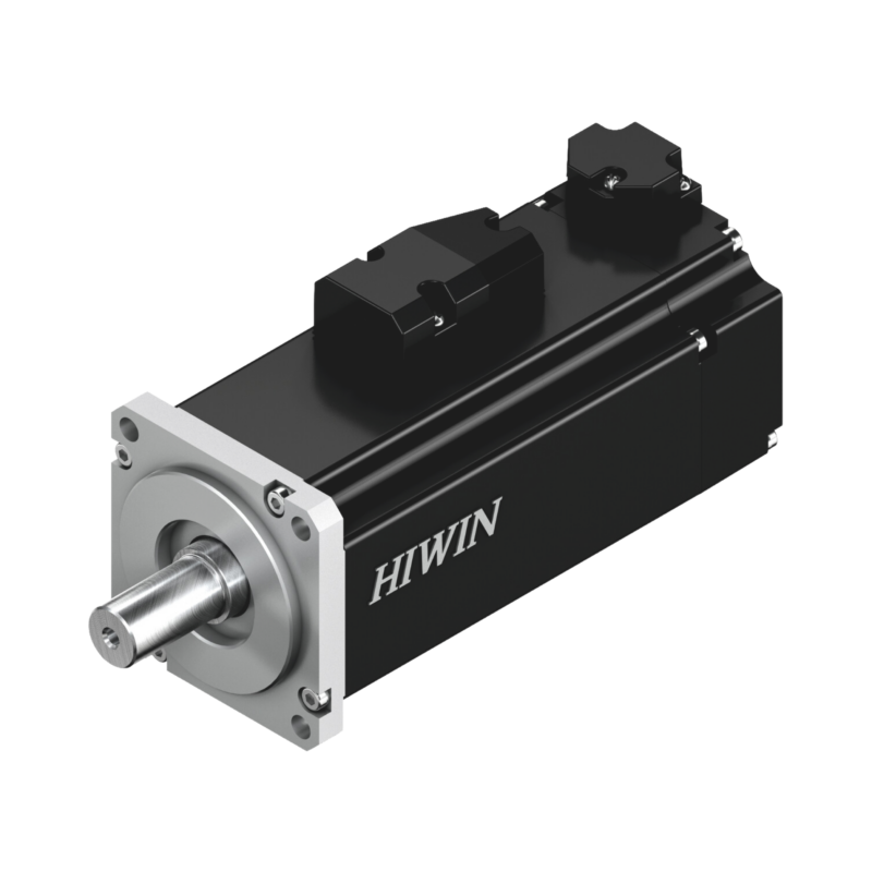 A black and silver HIWIN servo motor with a cylindrical shaft, visible mounting holes, and electrical connectors on top, shown against a plain white background.