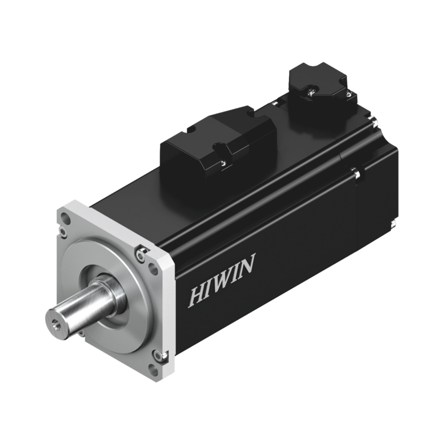 A black and silver HIWIN servo motor with a cylindrical shaft, visible mounting holes, and electrical connectors on top, shown against a plain white background.
