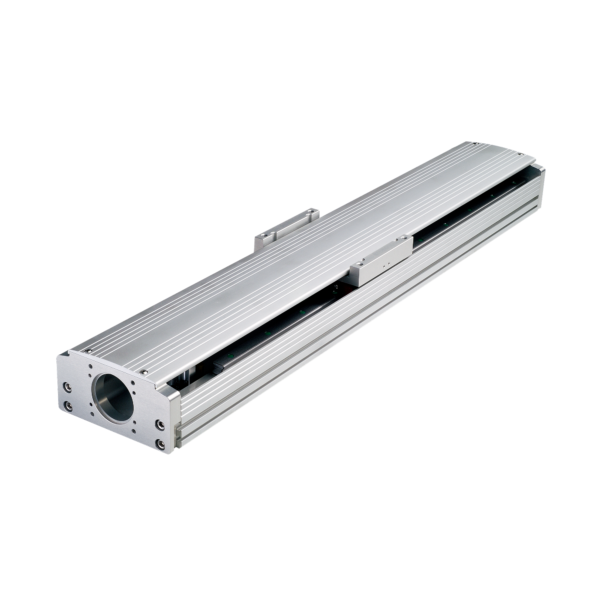 A silver industrial linear actuator with a rectangular aluminum body, visible mounting holes on the end, and a sliding component along the top.