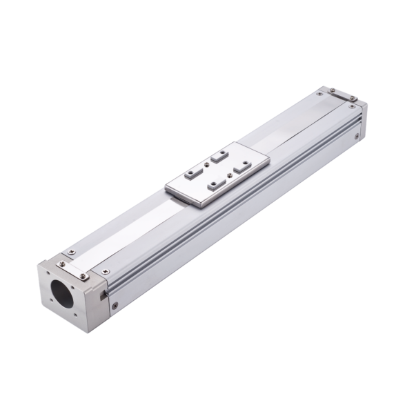 A rectangular silver linear actuator with a flat mounting plate and visible bolts, designed for industrial automation or robotics, against a plain white background.
