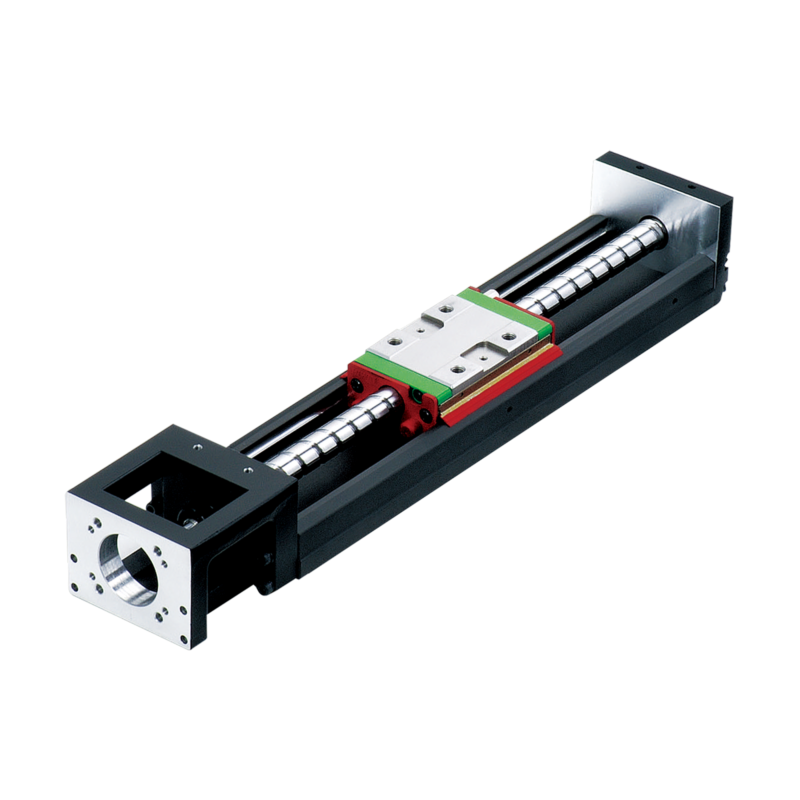 Linear rail actuator with a block carriage mounted on two parallel guide rods, used for precise linear motion in automation and CNC machinery. The unit features metal components and a black and silver finish.