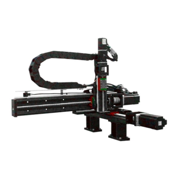 A three-axis industrial robotic arm with a cable carrier, mounted on a metal frame, designed for automated material handling or assembly tasks.