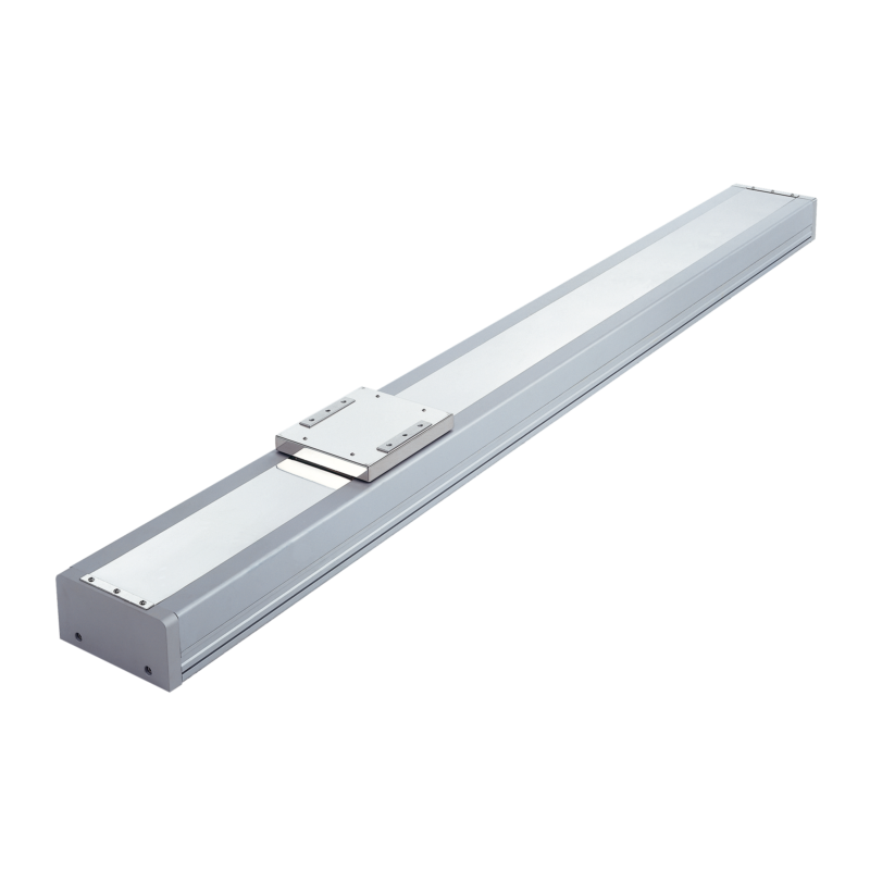 A long, rectangular linear actuator with a metallic finish and a sliding carriage mounted on top, designed for precision movement in industrial automation.