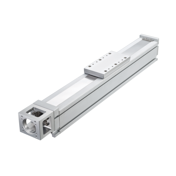 A silver linear actuator with a rectangular body and a sliding carriage on top, featuring mounting holes and a housing unit at one end, set against a plain white background.