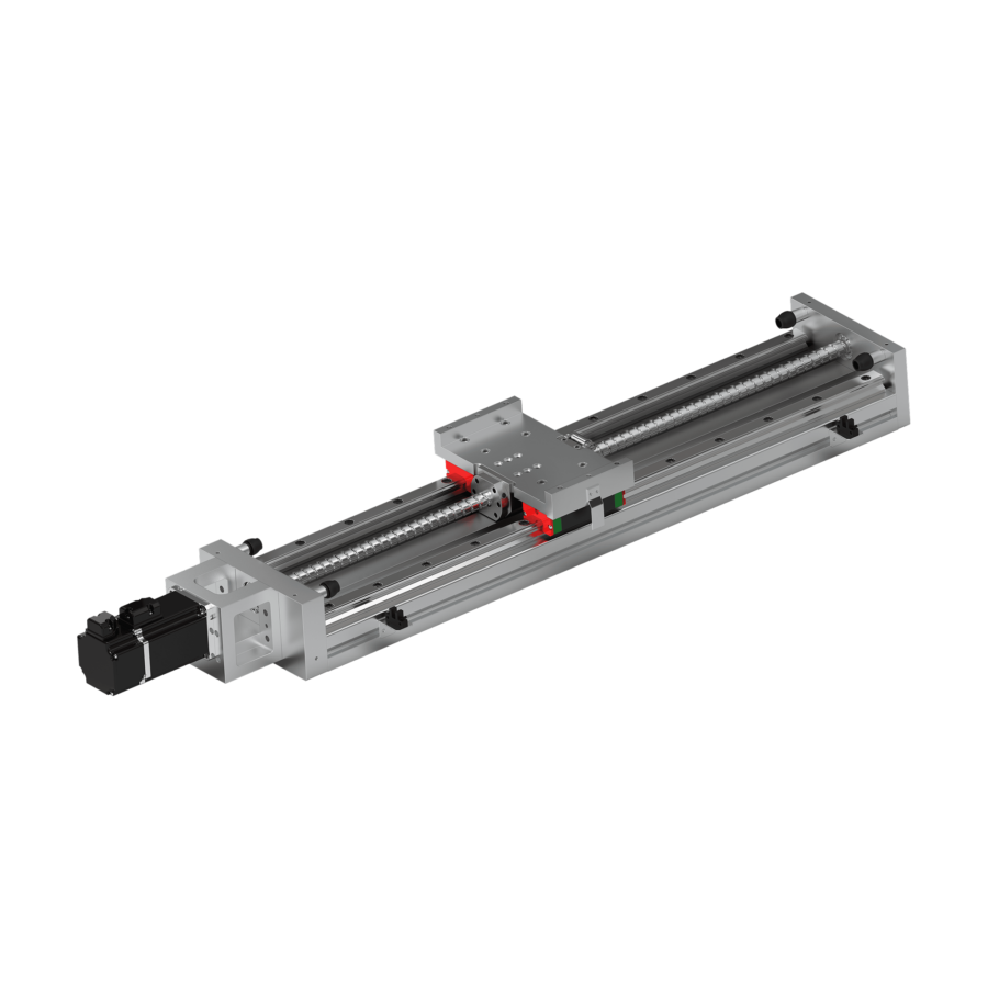 A linear actuator with a stepper motor, metal rails, and a moving platform designed for precise automated linear motion, displayed on a white background.