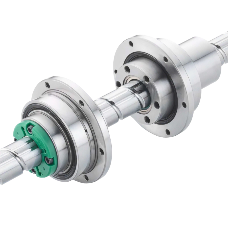 Close-up of a metallic mechanical shaft assembly with multiple circular bearings and a green component, all set against a white background.