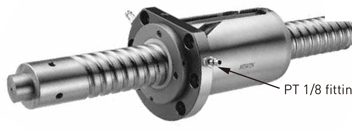 A close-up of a metal ball screw assembly with an arrow pointing to a labeled PT 1/8 fitting on the cylinder housing.