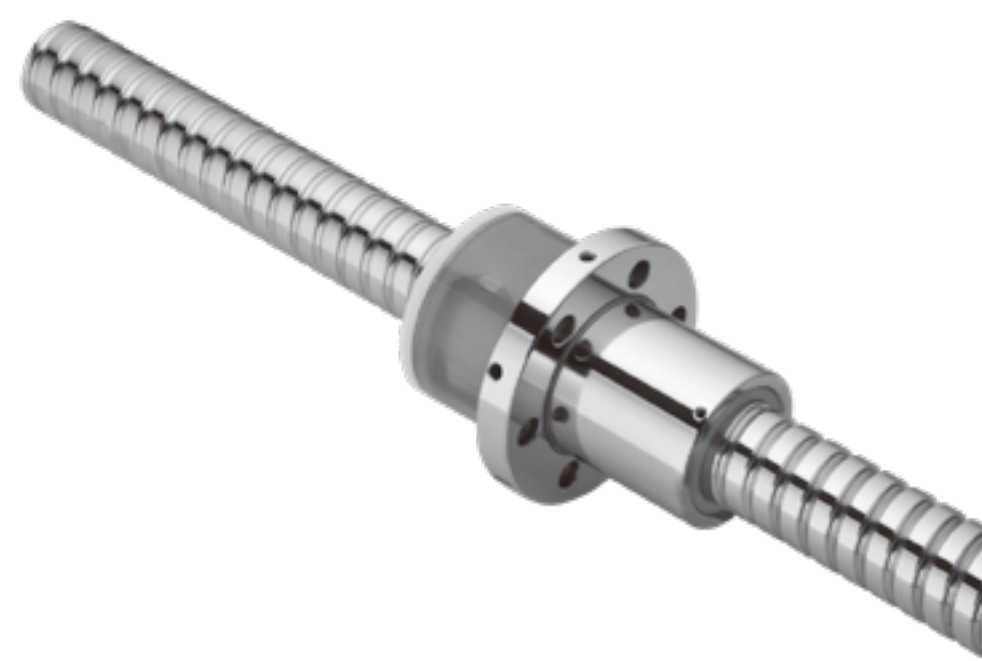 A shiny metal ball screw assembly with helical threads and a cylindrical nut in the center, commonly used for precise linear motion in machinery.