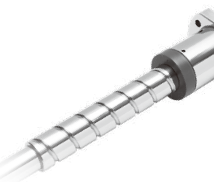 A close-up of a shiny, metallic threaded rod or screw with a cylindrical component attached near the top, against a white background.