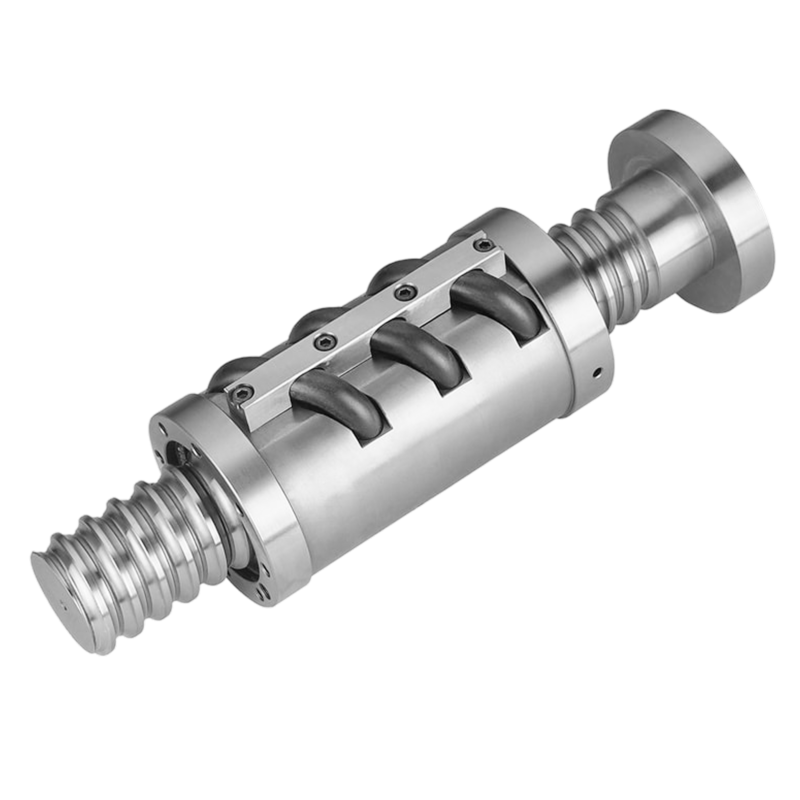 A close-up of a shiny, metal mechanical component with a cylindrical shape, ridged ends, and a row of four bolts along its side, isolated on a white background.