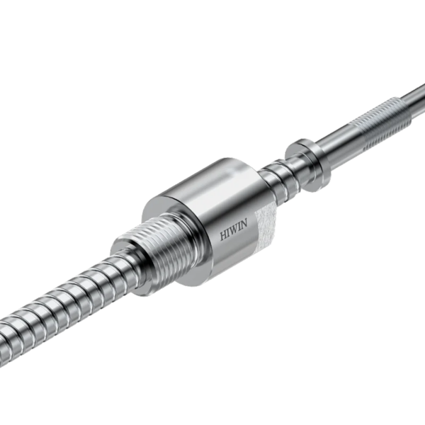 A close-up of a shiny metal ball screw with a threaded shaft and a labeled HIWIN nut, used in precision machinery for linear motion.