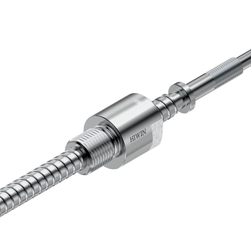A close-up of a shiny metal ball screw with a threaded shaft and a labeled HIWIN nut, used in precision machinery for linear motion.