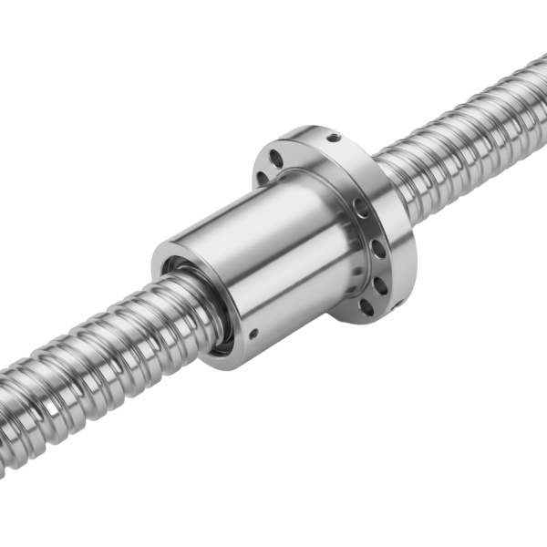 A close-up of a shiny metal ball screw with helical grooves and a flanged nut in the center, used for precise linear motion in machinery. The background is plain white.