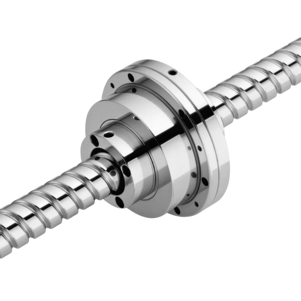 A close-up of a shiny metal ball screw assembly with helical threads and a cylindrical nut, typically used in precision machinery for linear motion.