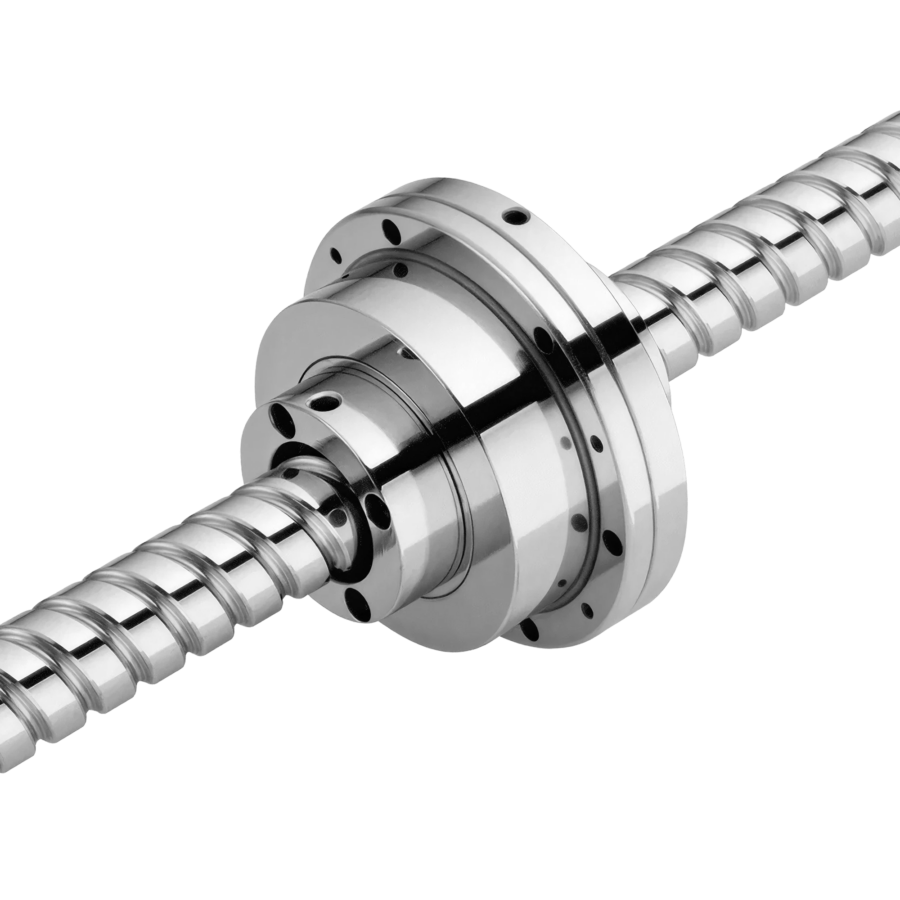 A close-up of a shiny metal ball screw assembly with helical threads and a cylindrical nut, typically used in precision machinery for linear motion.
