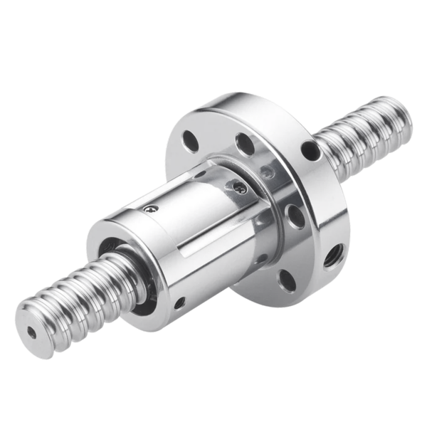A shiny metal ball screw assembly with a threaded rod and round flange, featuring multiple holes and a cylindrical housing for linear motion applications, on a plain light background.