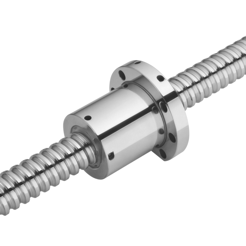 A close-up image of a shiny metal ball screw assembly, featuring a threaded rod with a cylindrical ball nut in the center, used for precise linear motion in machinery.