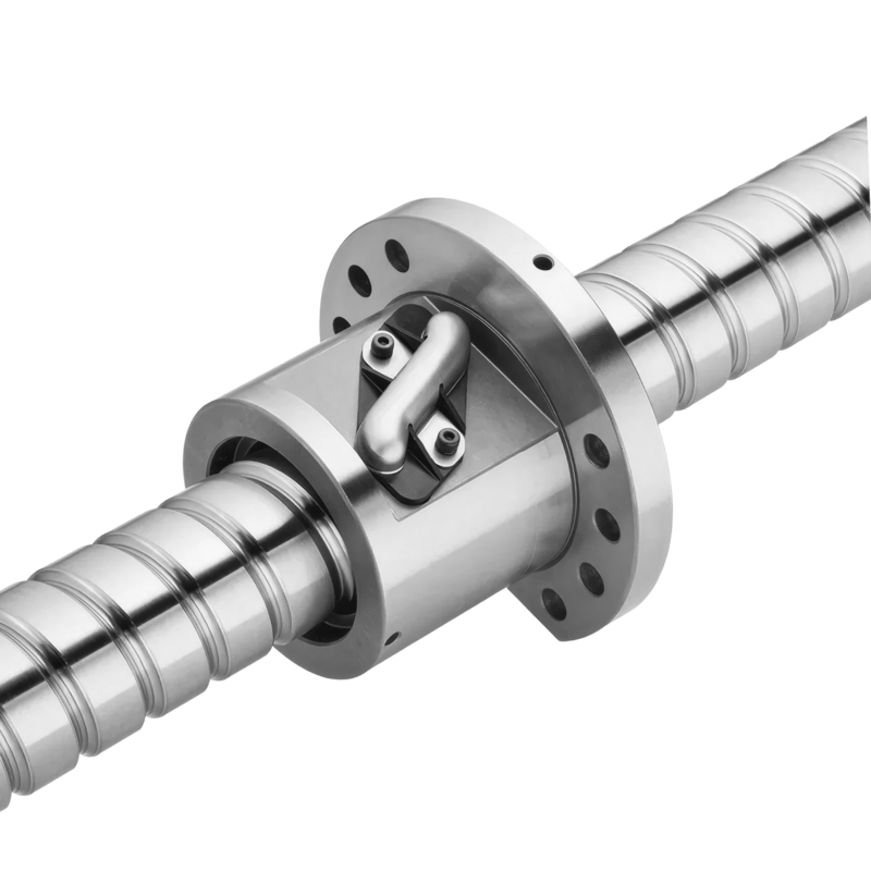 A close-up of a shiny, metallic ball screw mechanism, featuring a threaded shaft and a cylindrical ball nut with visible internal ball bearings and mounting holes.