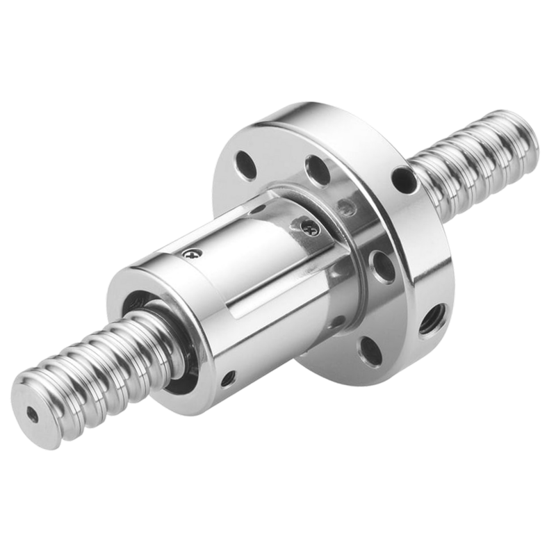 A shiny metal ball screw assembly with helical grooves, cylindrical shaft, and flanged nut, used for precise linear motion in machinery.