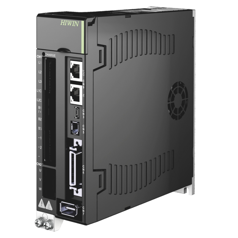 Black HIWIN servo drive with multiple ports and connection interfaces on the front, including Ethernet, USB, and serial connections, shown on a white background.