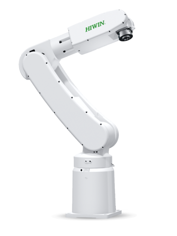 A white industrial robotic arm with HIWIN written in green on the top section, shown against a plain light background.