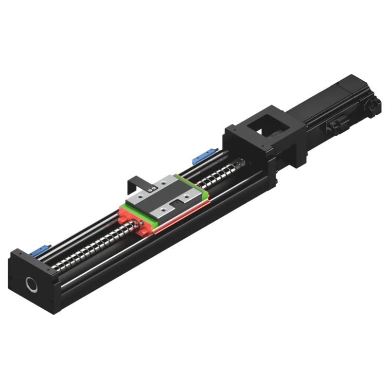 A black linear actuator with a lead screw mechanism and a stepper motor, featuring a sliding carriage on metal rails for precise motion control in automation or robotic applications.