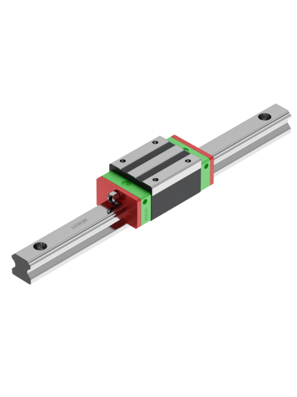 A linear guide rail with a metal carriage block mounted on a steel track, used for precise linear motion in machinery. The block has green and red end caps and mounting holes.