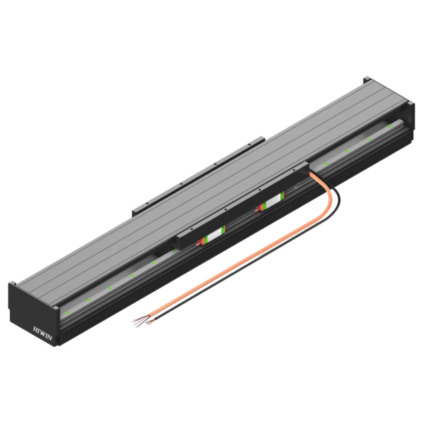 3D-rendered image of a linear motion guide with an attached cable, featuring a black and silver design with colored accents, labeled HIWIN on one end, shown on a plain white background.