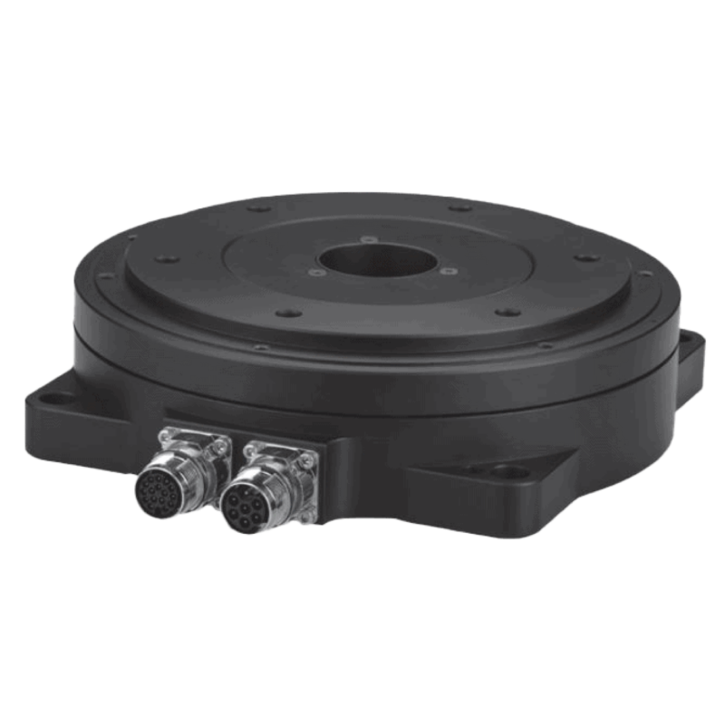 A black circular industrial rotary table with two multi-pin electrical connectors on one side, mounted on a flat base with two screw holes for attachment.