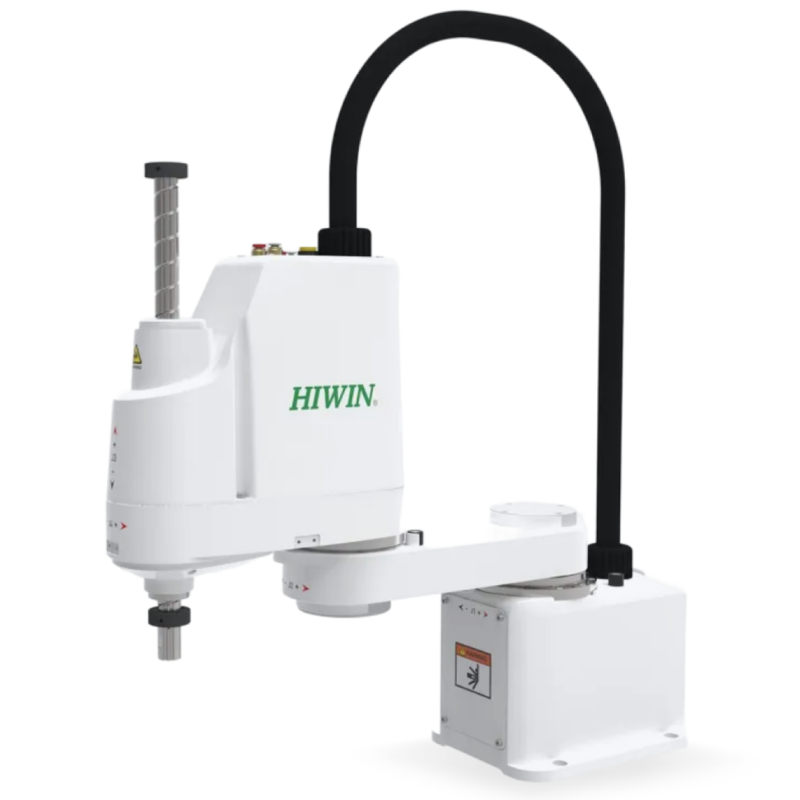 A white industrial robotic arm labeled HIWIN with a flexible black cable arching above it, mounted on a white base, designed for automated manufacturing tasks.