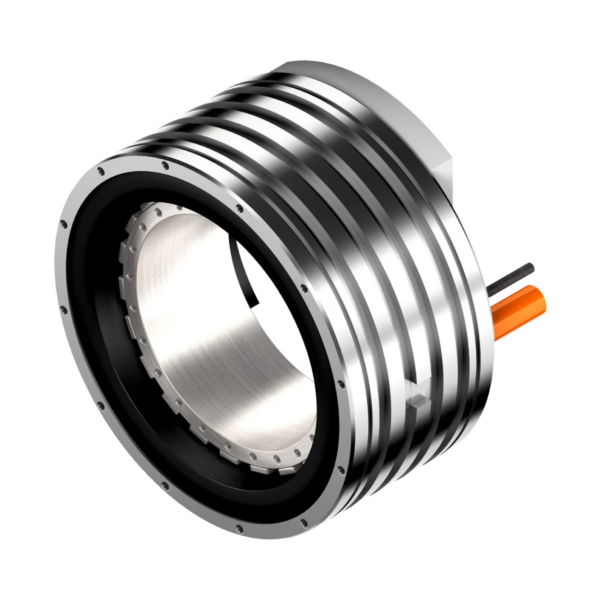 A close-up of a cylindrical metal electric motor with grooved outer layers, a hollow center, and two wires—one black and one orange—extending from the side.