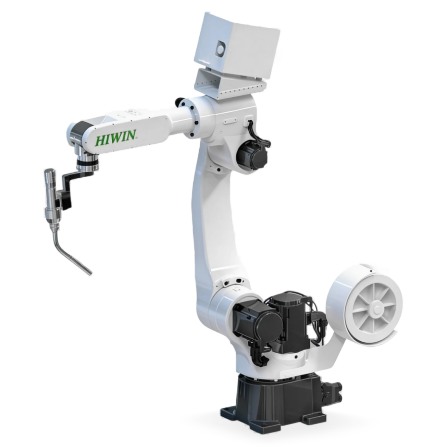 A white industrial robotic arm labeled HIWIN with multiple joints and a tool attachment at the end, mounted on a black base.