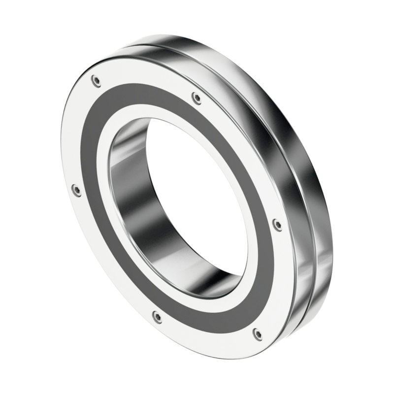 A shiny, metallic circular bearing with a hollow center and several screws around the rim, isolated on a white background.