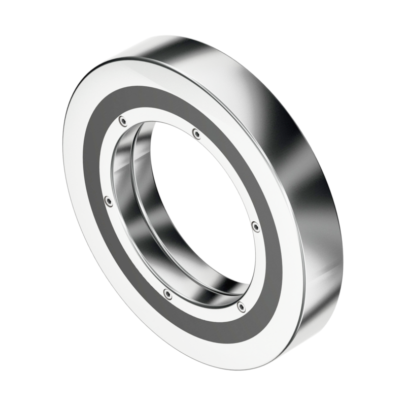 A shiny metal ball bearing with an inner ring, outer ring, and ball separation, isolated on a white background.