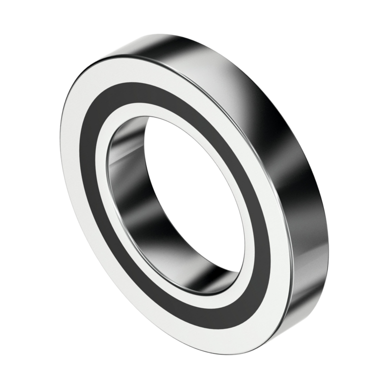 A close-up of a single metal ball bearing with a black inner ring, shown at an angle on a white background.