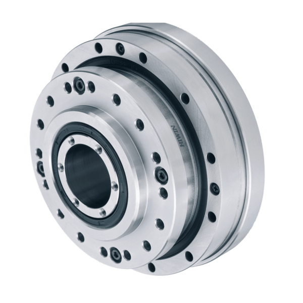 A close-up of a metallic precision gear or bearing mechanism with multiple screws and circular components, likely used in industrial machinery or robotics.