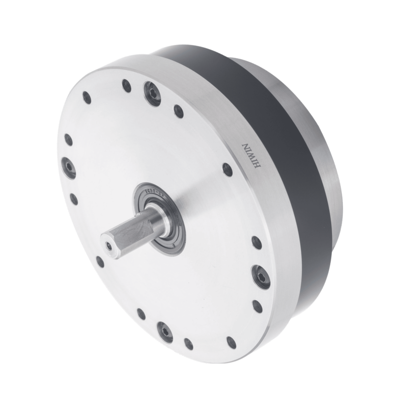 A silver cylindrical electric motor with a central shaft and multiple screw holes around the face, viewed at an angle on a white background.