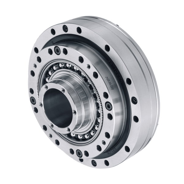 A close-up of a metallic harmonic drive gear with precision holes, ball bearings, and interlocking circular components, shown on a plain white background.