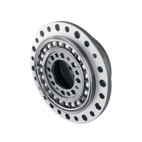 A close-up of a metal ball bearing with circular openings and multiple layers of ball bearings inside, set against a plain white background.