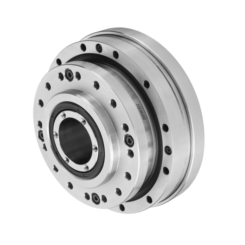 A close-up view of a metallic circular mechanical component with multiple bolts and a central opening, likely a precision gear or bearing assembly, against a plain white background.