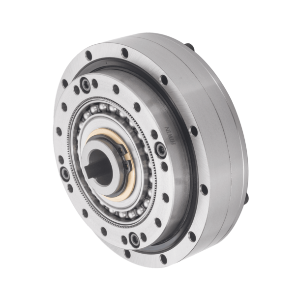A close-up of a metal harmonic drive gear mechanism, showing ball bearings, multiple circular layers, and precision-machined components, used for high-precision motion control in robotics and automation.