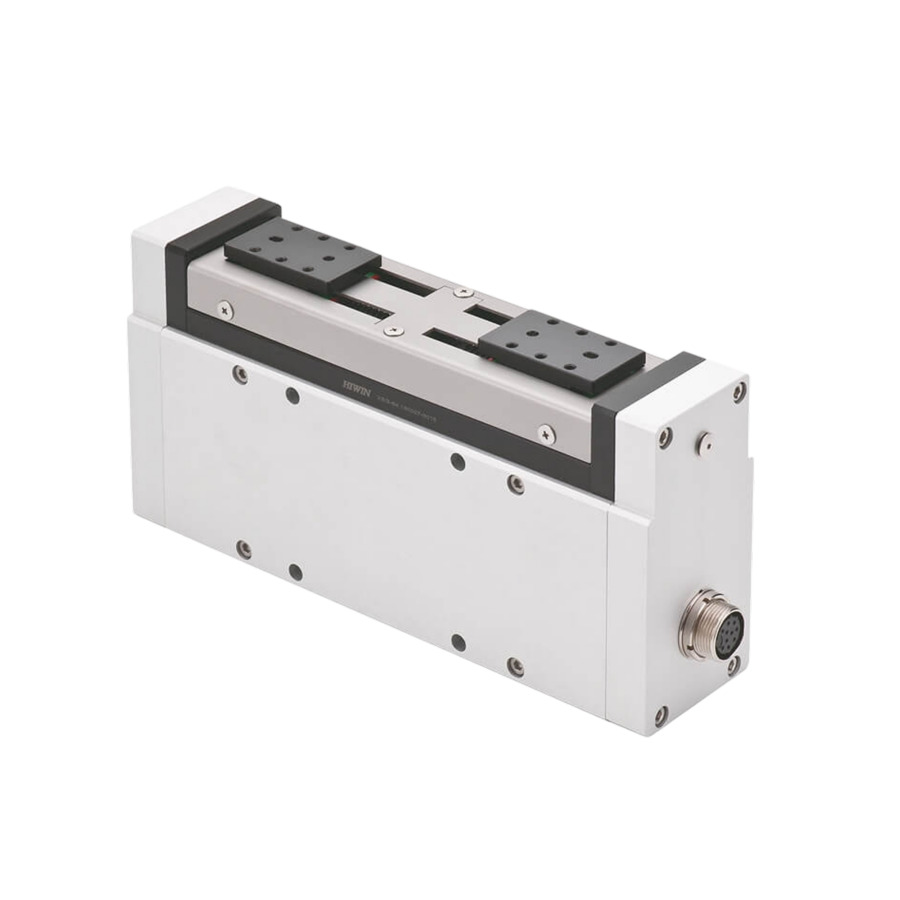 Rectangular metallic industrial linear actuator with a connector on the right side and black gripper jaws on top, set against a plain white background.