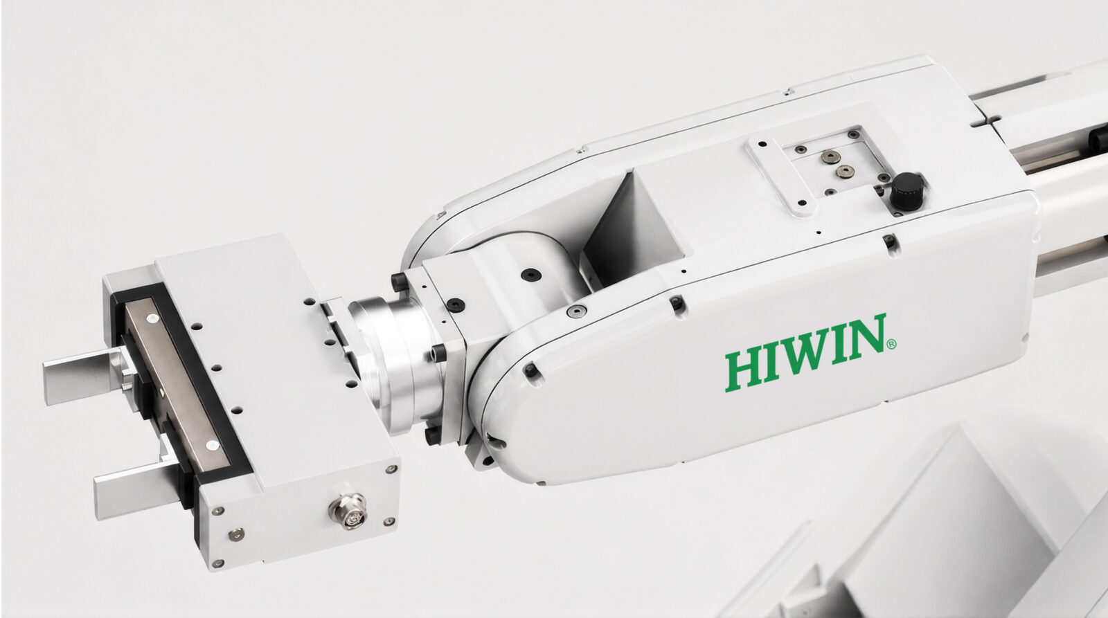 A close-up of a robotic arm with a gripper attachment, labeled HIWIN, showing detailed mechanical components in a clean, white setting.