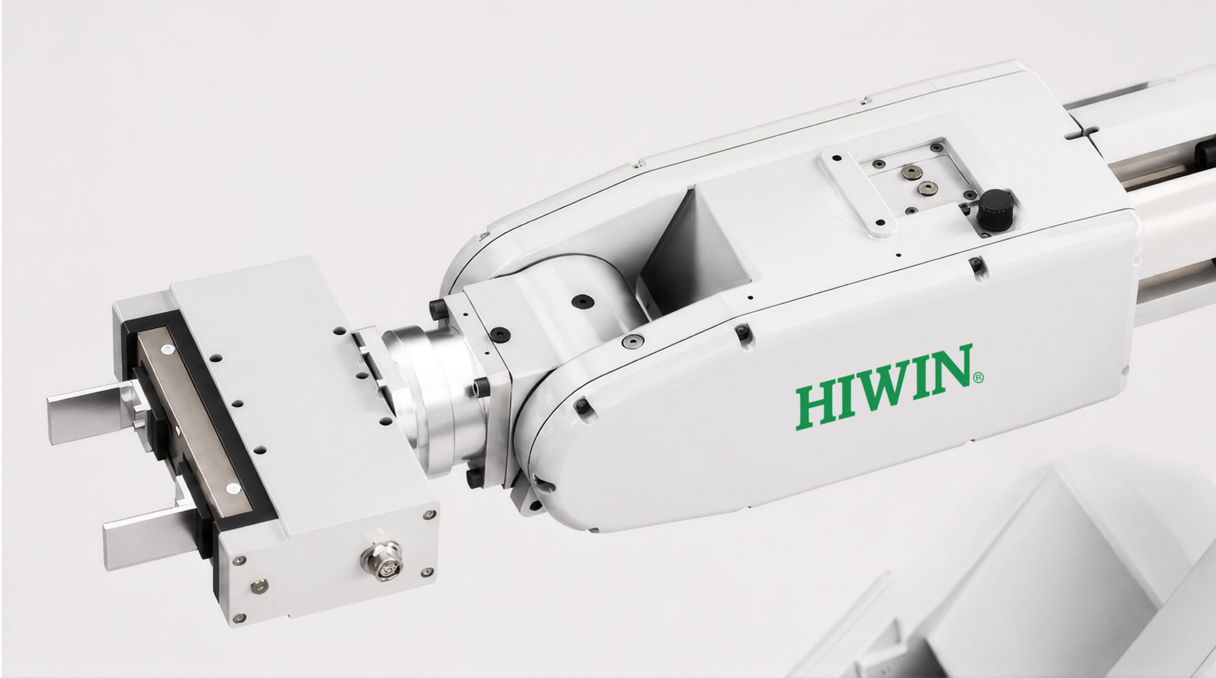 A close-up of a robotic arm with a gripper attachment, labeled HIWIN, showing detailed mechanical components in a clean, white setting.