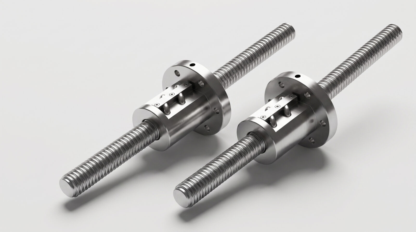 Two metal ball screws with threaded rods and cylindrical housings are placed on a plain light surface, positioned parallel to each other, used for precise linear motion in machinery.