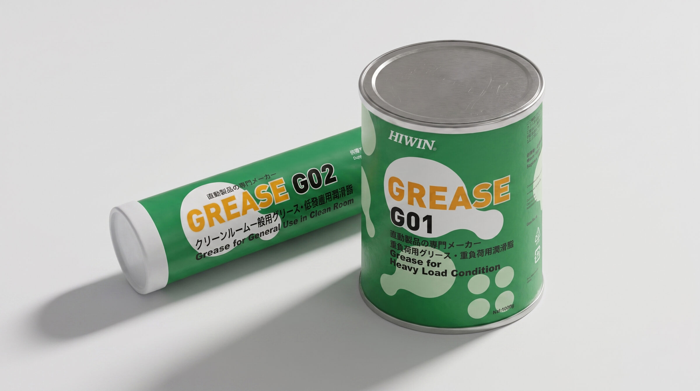 Two green and white containers labeled HIWIN GREASE with codes G01 and G02, featuring both English and Japanese text, are placed on a white surface with light shadows.