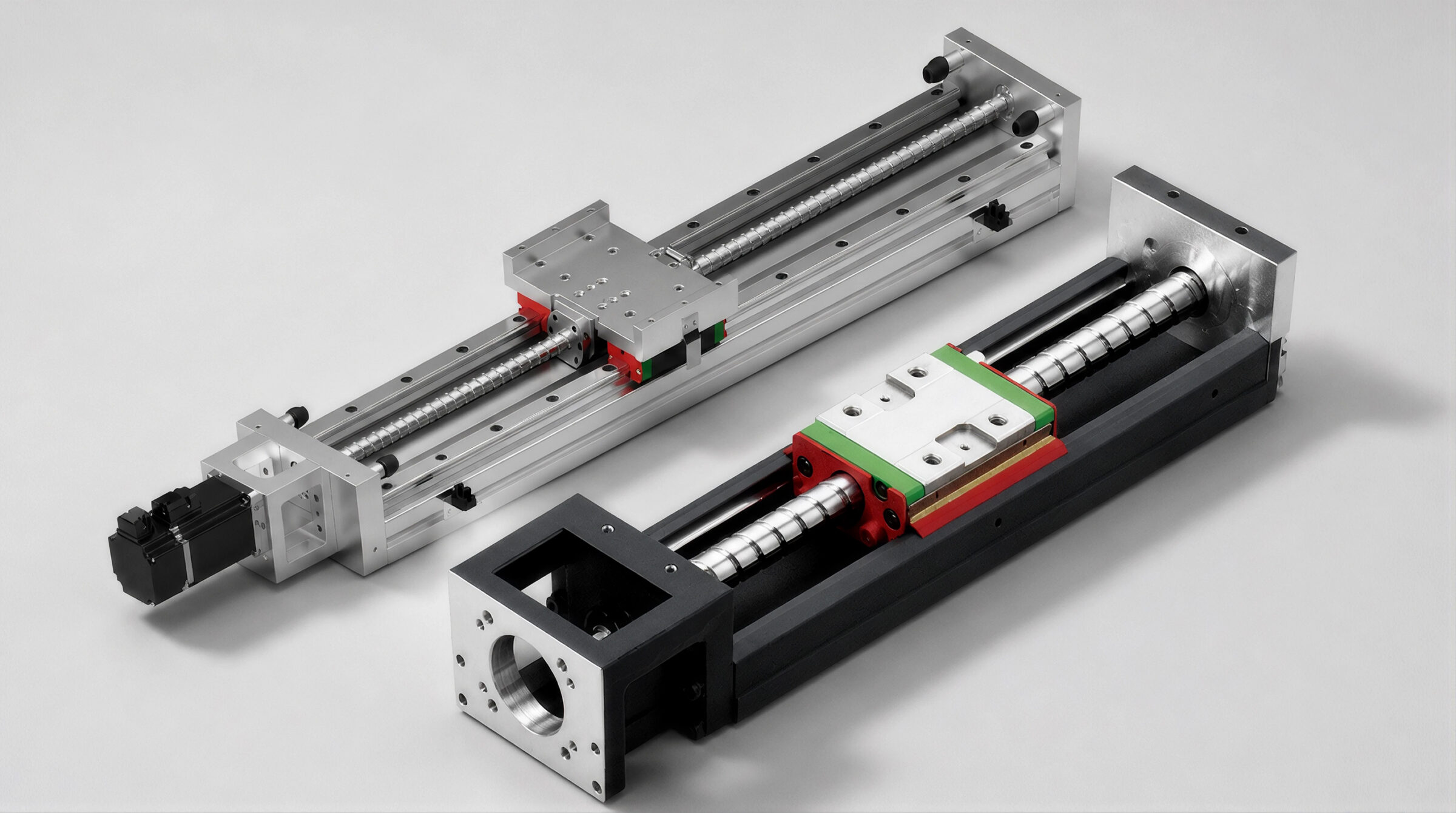 Two linear motion actuator assemblies with mounted ball screws and guides, used in precision machinery, are shown on a plain gray background.