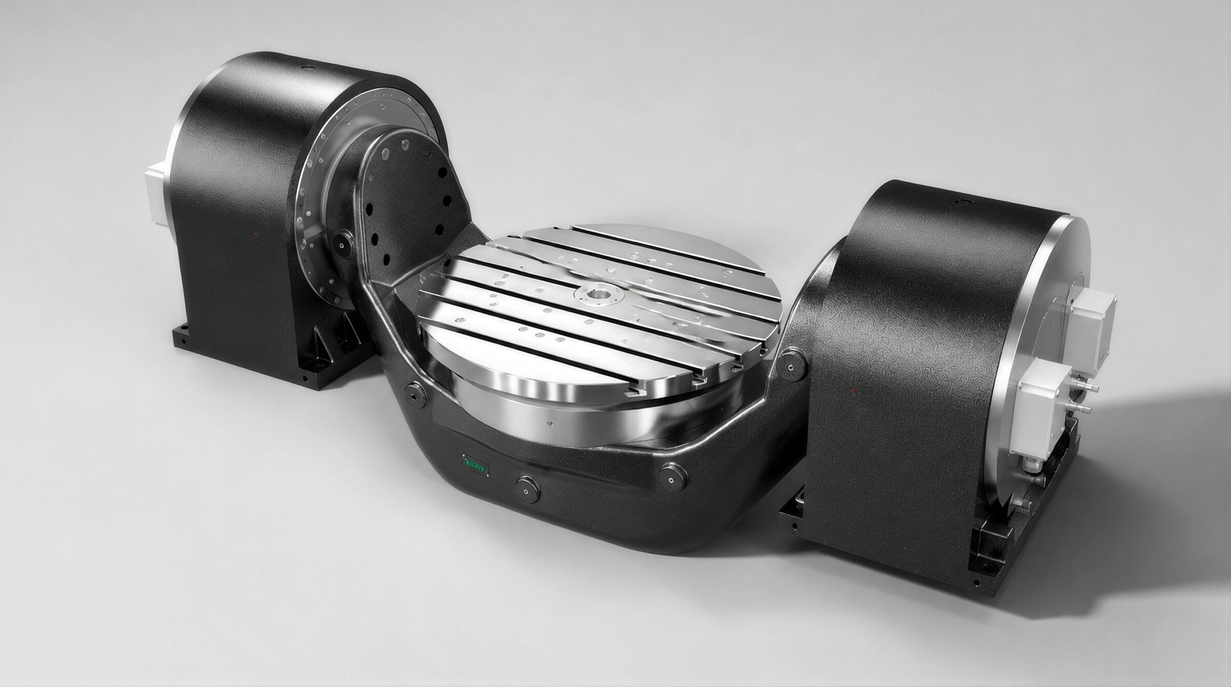 A black and silver CNC rotary table with a circular, slotted work surface, mounted between two motorized supports on a flat, light gray background.